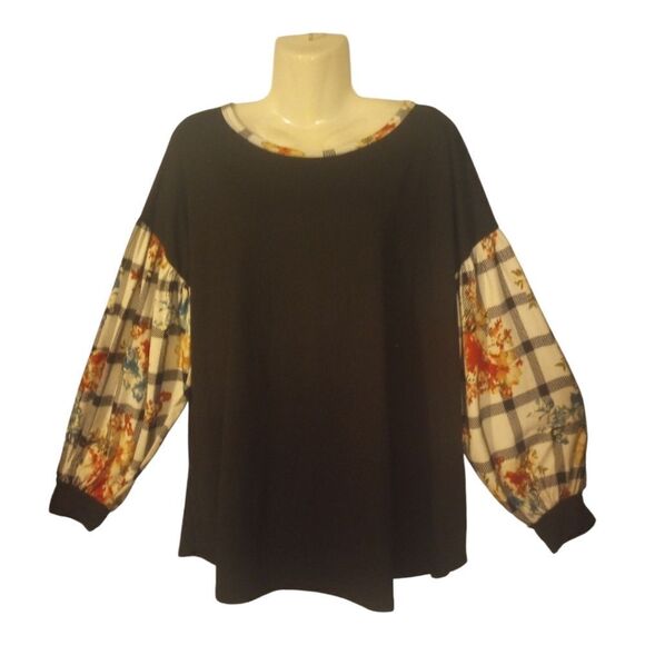 Floral and plaid balloon sleeve top - Picture 1 of 9